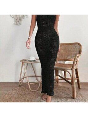 Black Casual Womens Hollow Out Split Thigh Cover Up Dress Without Biki